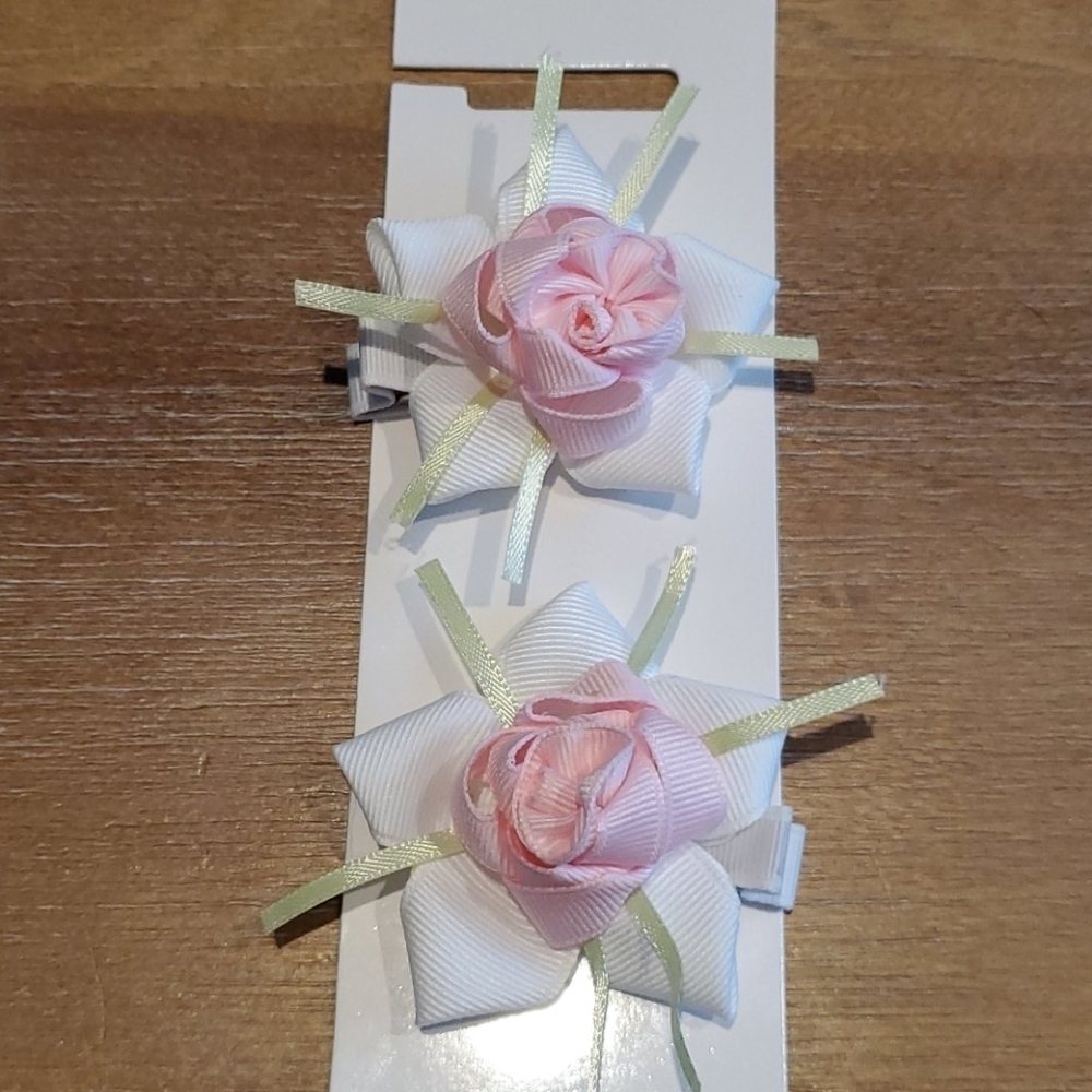 Pink Rose Hair Clips Set of 2 Boutique Flower Girl Hair Bows - Picture 6 of 6